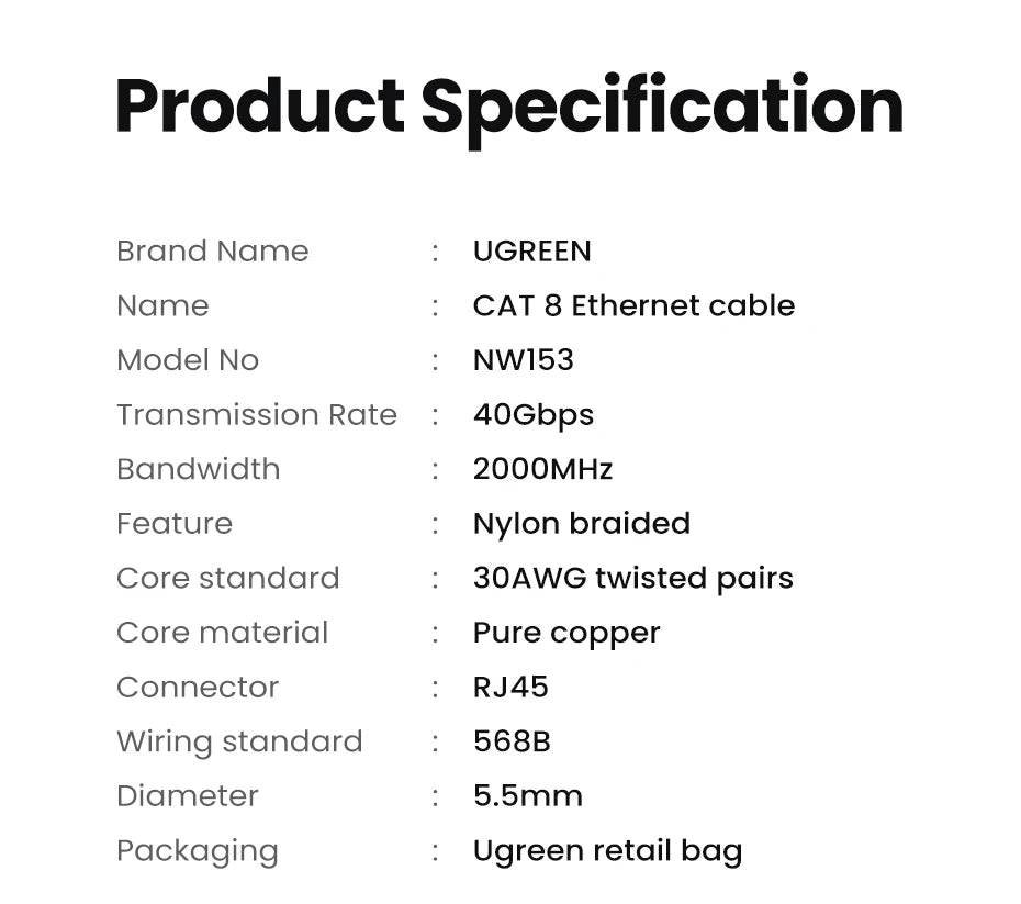 UGREEN Ethernet Cable CAT8 40Gbps Cotton Braided PVC Network Lan Cord for PC Modem Laptop PS 5/4 Router RJ45 Cable Ethernet