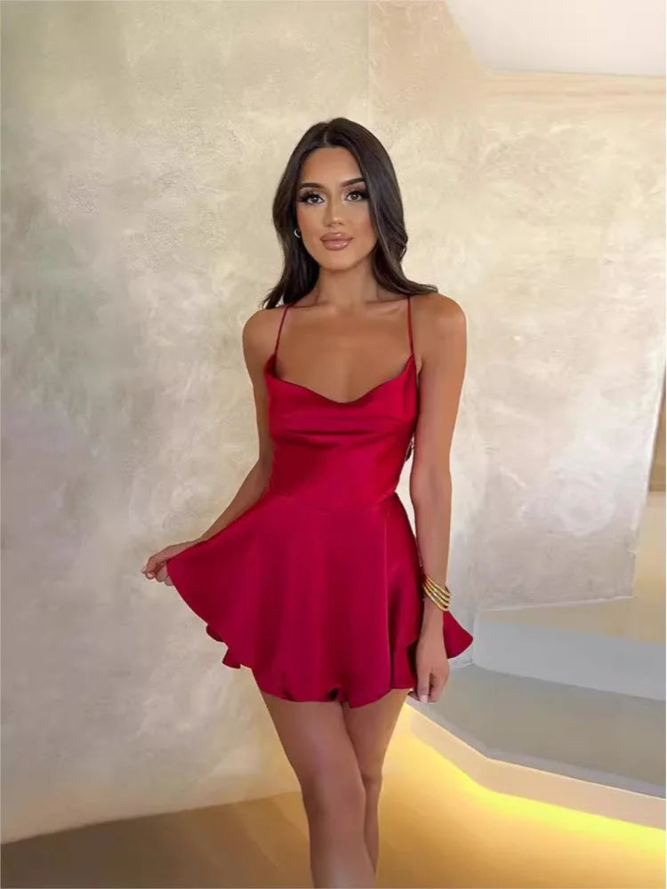 2025 Summer New Popular European and American Style Sexy Slimming Show Solid Color Slimming Dress Short Women's