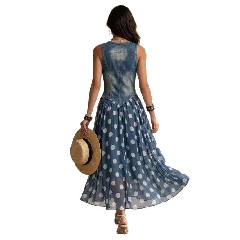 Fashion Print Denim Style Top and Polka Dot Skirt Matching Set