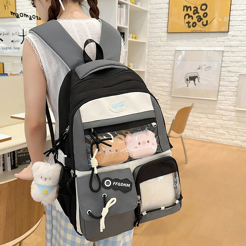 Women's Pastel Color Block Backpack Clear Display Pockets Plush Charm Bow Detail Adjustable Strap Casual Daily Itabag School Bag
