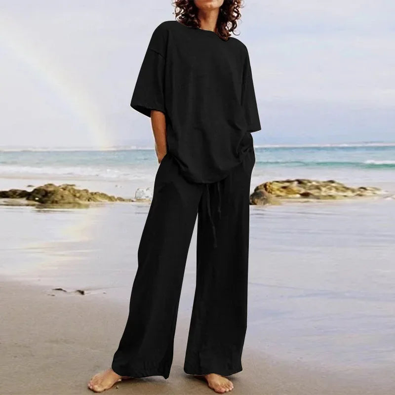 Fashion Women's 2-piece Set 2024 Summer Casual Pocket Set Half Sleeve O-Neck Top and Wide Leg Large Outline Pants Set