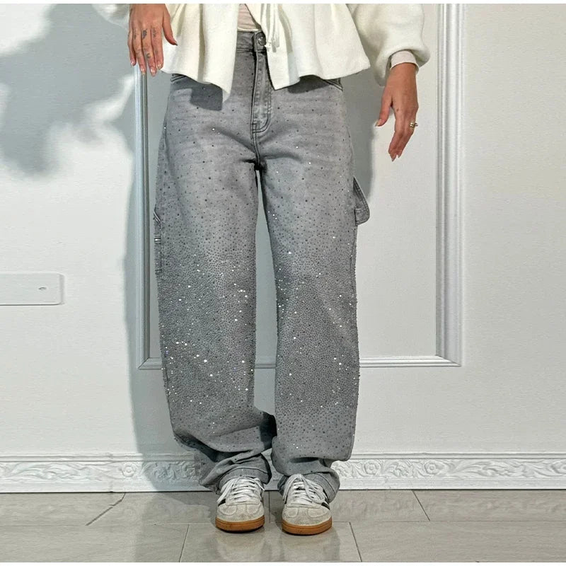 Shiny Rhinestone Baggy Women's Wide Leg Jeans Full Diamond Wide Leg Dragging Denim Pants Vintage Washed Pants Casual Trousers