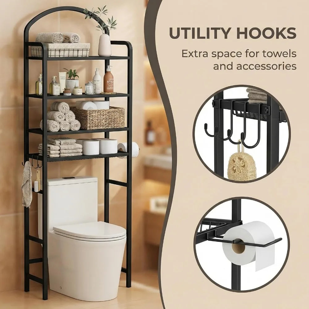 72" Over Toilet Storage Rack, 4-Tier Bathroom Organizer with Hooks & Paper Holder, Space-Saving Black Metal Shelf