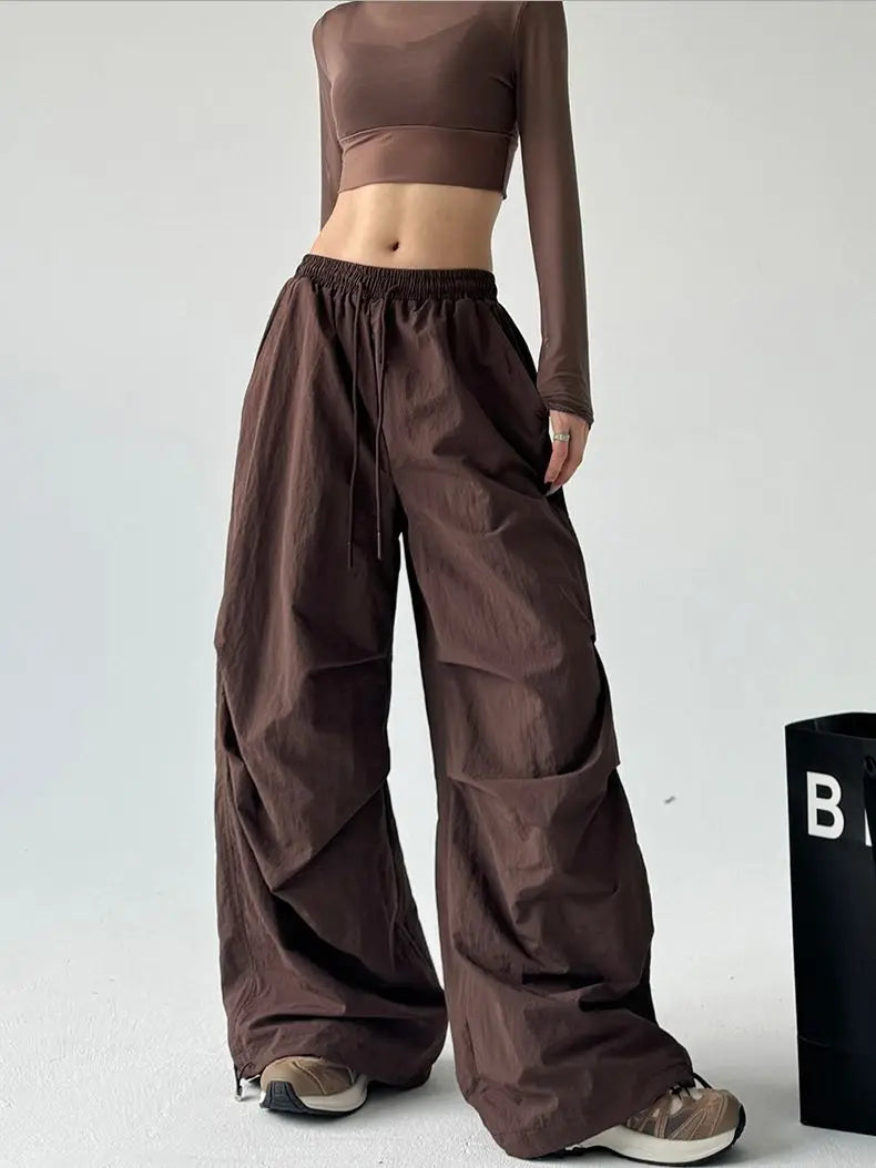 Women's Brown Parachute Pants 2026 Summer New Loose Straight Wide Leg Trousers Casual Quick Dry Cargo Pants Streetwear