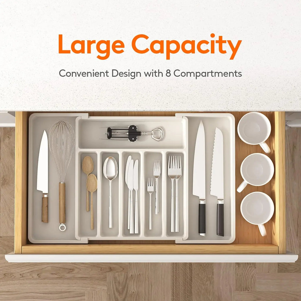Large Extendable Cutlery Organizer Tray Adjustable Kitchenware Drawer Storage for Spoons Forks Knives