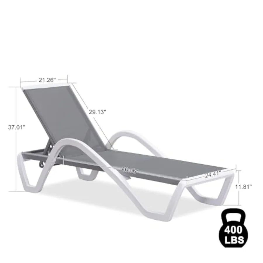 Patio chaise lounge for outdoor use, PP material frame and breathable Textilene fabric, grey color, 6 reclining positions inclu