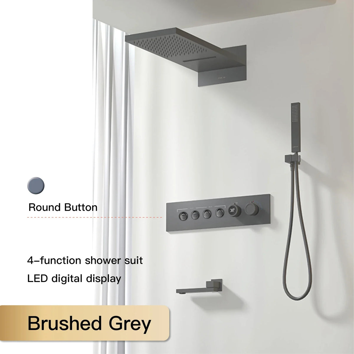 Luxury Black Brass Shower System, Wall Mounted Led Digital Display, Cold Hot Dual Control, Four Function Ceiling Shower Tap