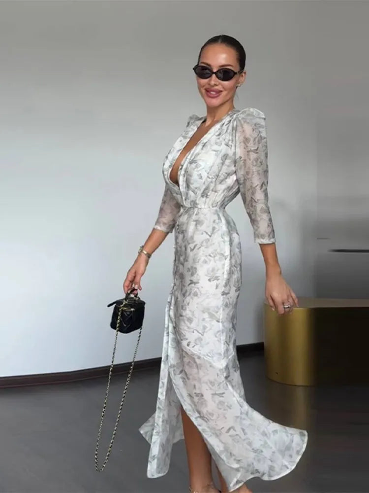 Fashion Printed Deep V Neck Women Slim Dresses Chic Long Sleeve High Waist Dress Summer New Beach Party Lady High Split Vestidos