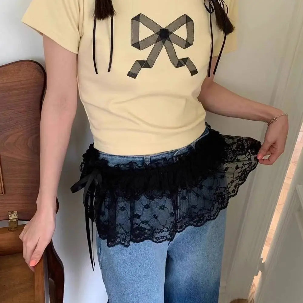 Polyester Embroidered Flower Lace Mini Skirt See Through Y2K Streetwear Ruched Skirts Harajuku Butt Curtain Jeans Decoration