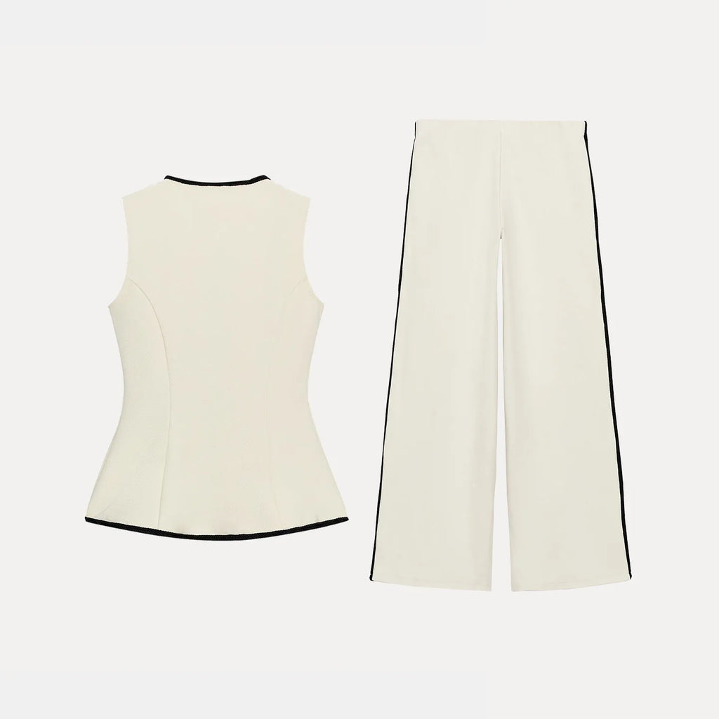 ZADATA Women's Summer Fashion Set round Neck Sleeveless Wide Leg Pants High Waist Color Block Design Top And Bottoms Ensemble