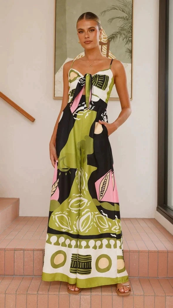 Spring Summer Print Spaghetti Strap Jumpsuits Women Fashion Sexy Hollow Out Leace-up High Waist Wide Legs Jumpsuit Bohemian New