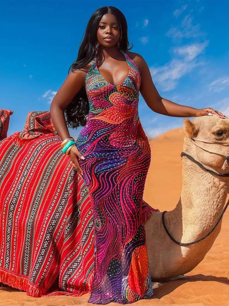 Cutenw Backless Diamond Print Dress Women Trend Split Colorful Halter Sexy Deep V-Neck Elegant Birthday Party Stretch Vestidos