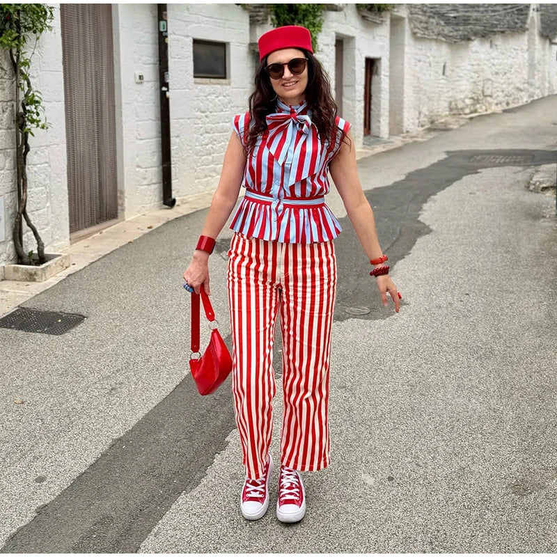 Striped Mandarin Collar Frog Button Ruffle Trim Top Striped Single‑breasted 2026 Summer Women Blouse Versatile Casual Lady Top