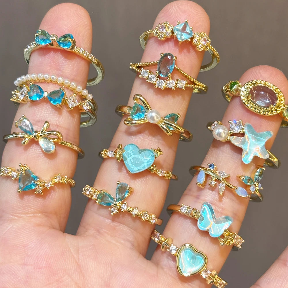 Vintage Blue Crystal Bow Knot Rings Women Gold Plated Open Adjustable Ring Sweet Heart Zircon Pearl Finger Ring Fashion Jewelry