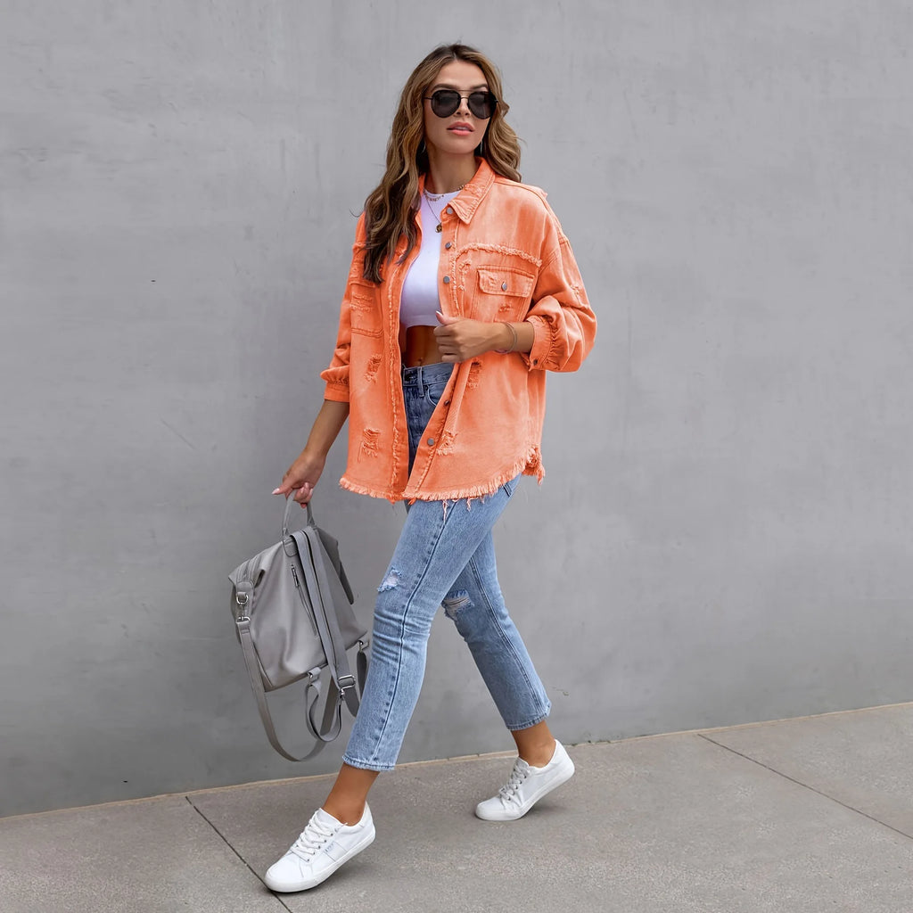 Women's Fashionable Solid Color Mid-Length Ripped Denim Jacket Long-Sleeved Spring Autumn Trend