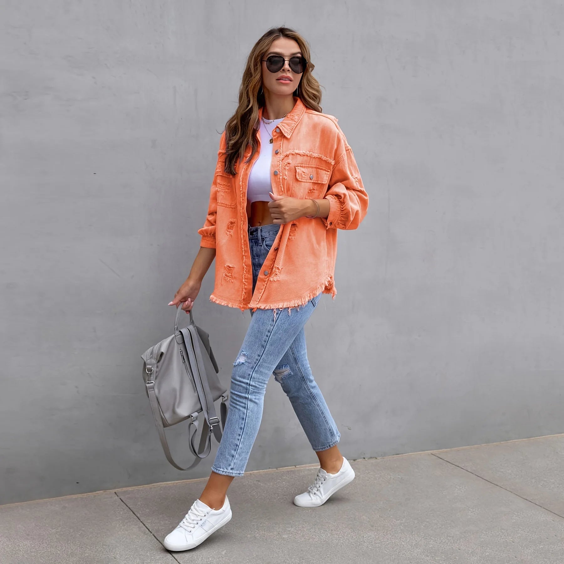 Women's Fashionable Solid Color Mid-Length Ripped Denim Jacket Long-Sleeved Spring Autumn Trend