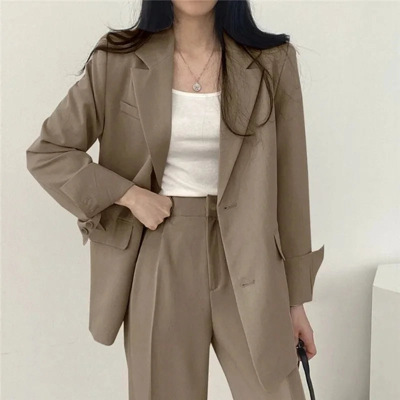 2026 Female Solid Color Blazer 2PCS Autumn Women Lapel Tops High Waist Outfit Korean Ladies Long Sleeves Suit Wide Leg Pants