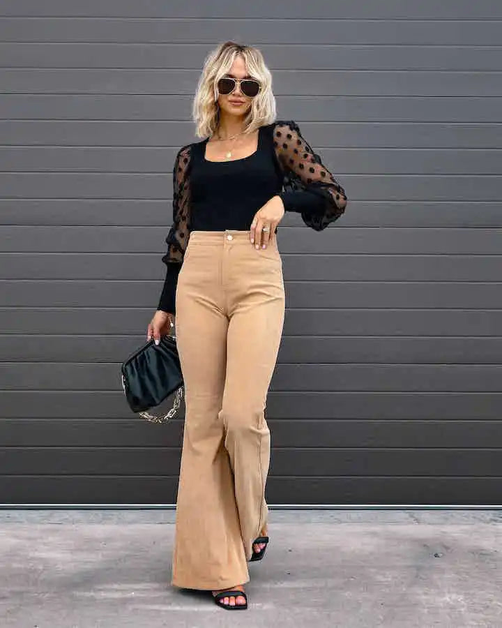 Fashionable Retro Women's Slightly Flared Pants Autumn And Winter Solid Color High Waist Button Slim Pants For Dating And Office