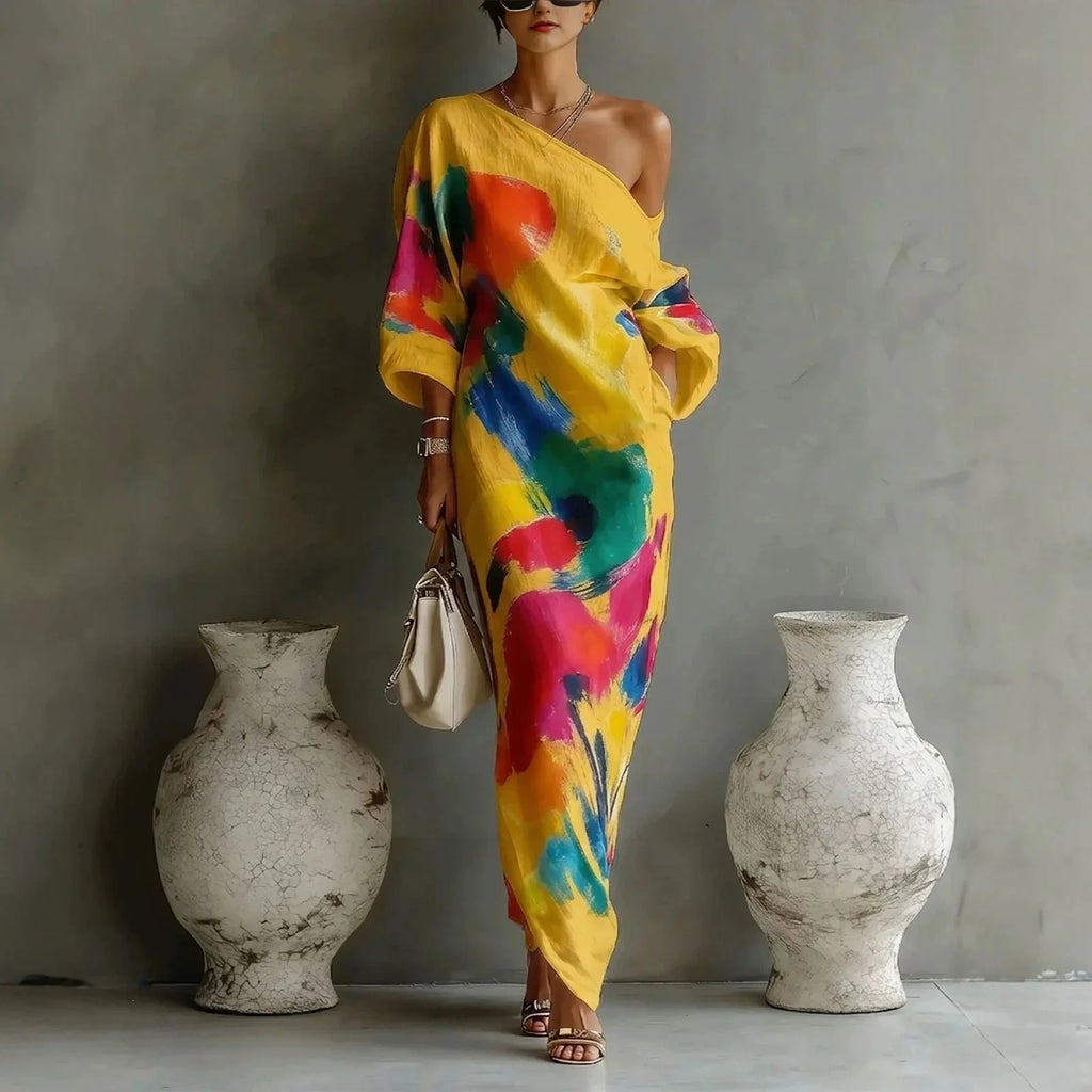 Abstract Brush Print One Shoulder Maxi Dress 3/4 Sleeve Loose Fit Casual Kaftan with Pockets, Bohemian Art Print Dress for Women