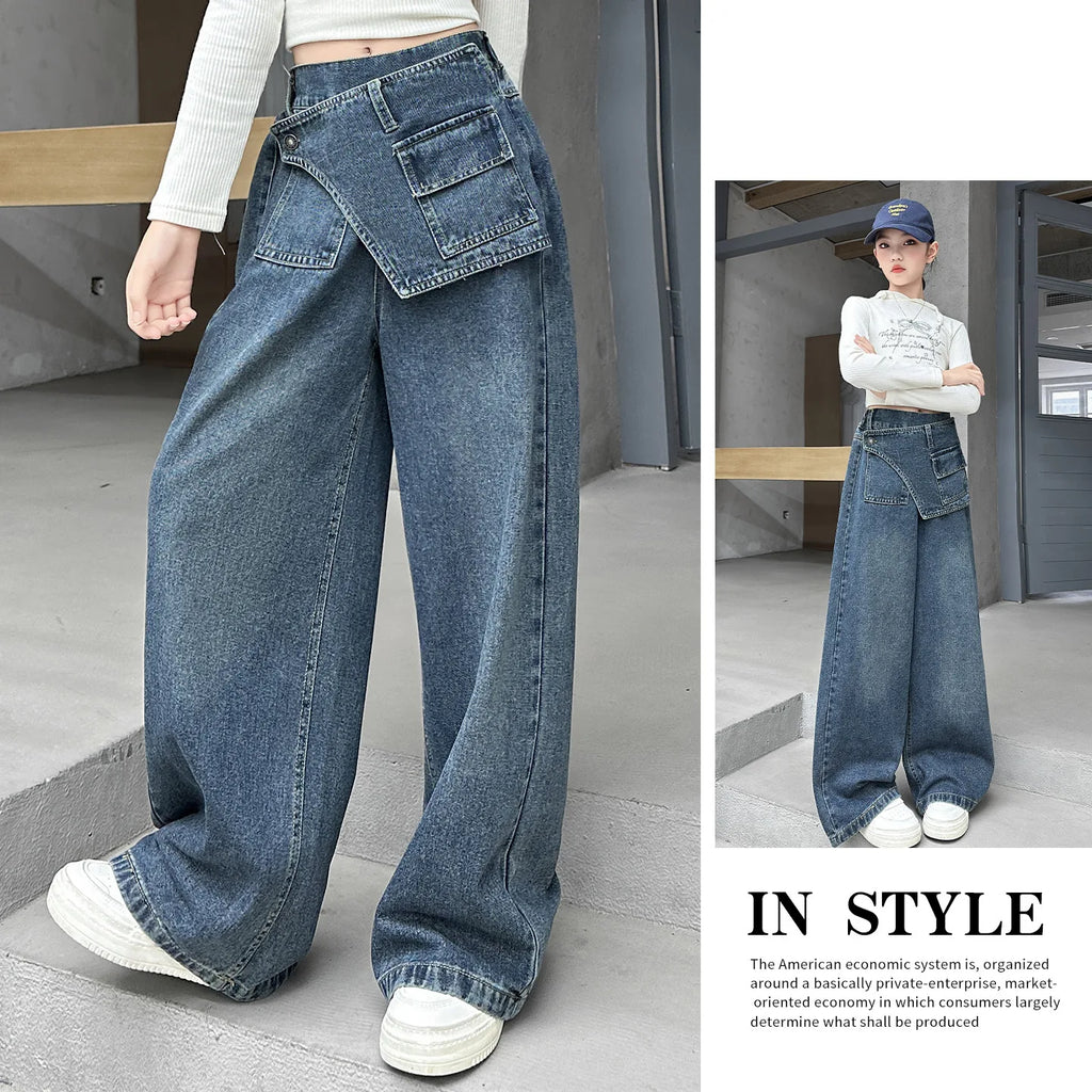 Girls' fart curtain jeans spring autumn new style teens children's straight tube loose wide leg pants retro blue casual pants