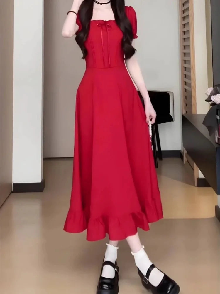 Sweet Pure Desire ort Skirt Summer Slimming Waistline Red Square Collar Long Dr Women's Faionable Versatile A-Line Dr