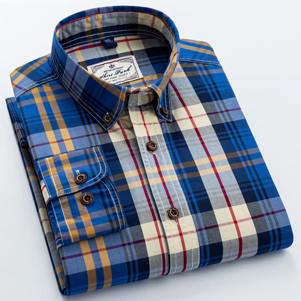 Men's 100% Cotton Plaid Long Sleeve Casual Shirt, Spring Autumn Lightweight & Breathable Slightly Slim Fit Button Down Shirts
