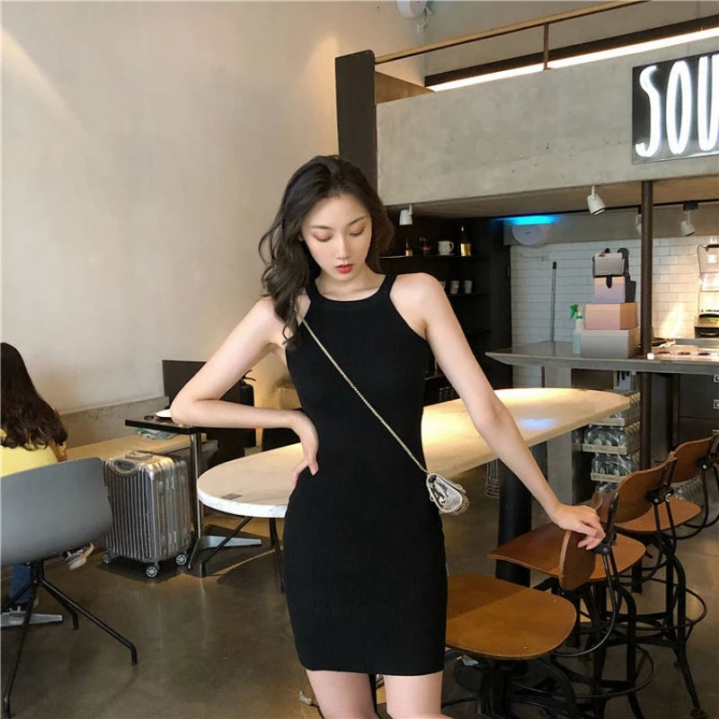 Summer New Style Hong Kong Flavor Slimming Sexy Girl Neck Hanging Bodycon Dress Shoulder Exposure Knitted Strap Dress Women