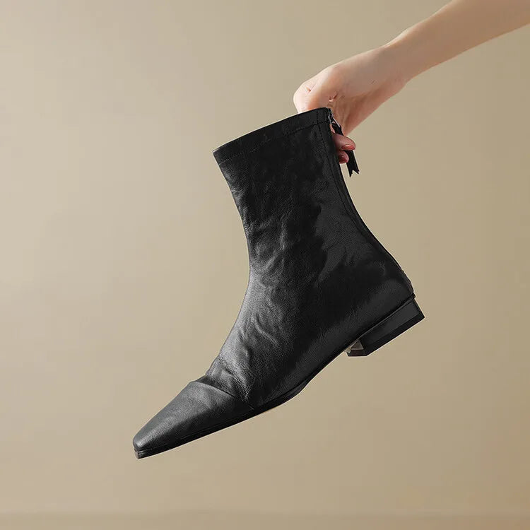 NEW Autumn/Winter Women Boots Square Toe Low Heel Shoes Genuine Leather Shoes for Women Concise Zipper Short Boots Modern Boots