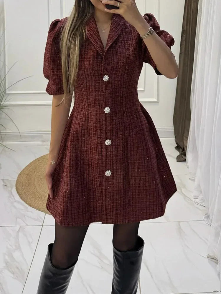 Exquisite casual dress spring and autumn new style lapel short sleeved solid color waist cinched princess style short skirt