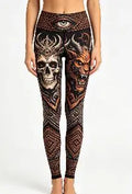 Women Mid‑Rise Fleece Lined Leggings, Demon Horn Skull Third Eye Dark Thorn Gothic Print Slim Stretch Halloween Pants