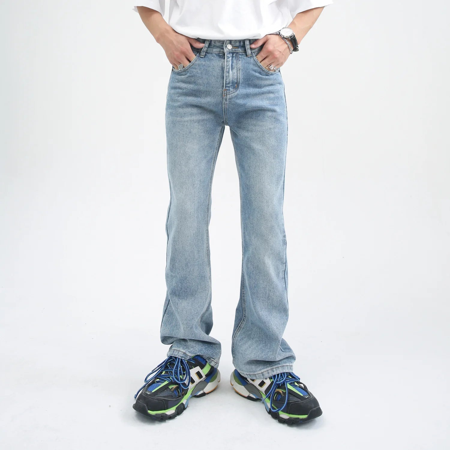 2025 New Male Japan Korea Style Vintage Denim Trousers Pant Men High Street Hip Hop Casual Hole Small Flare Jeans Pant