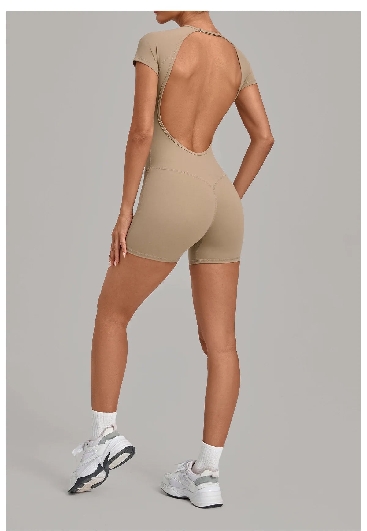 Women Short Sleeve Open Back Yoga Bodysuit Squat Proof Short Jumpsuit Gym Pilates Running Workout Fitness Sport Activewear