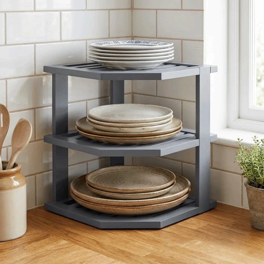 3 Tier Cabinet Organizer Shelf for Kitchen Storage Sturdy Plate Organizer Bamboo Corner Shelf Dish Rack for Cabinet Countertop