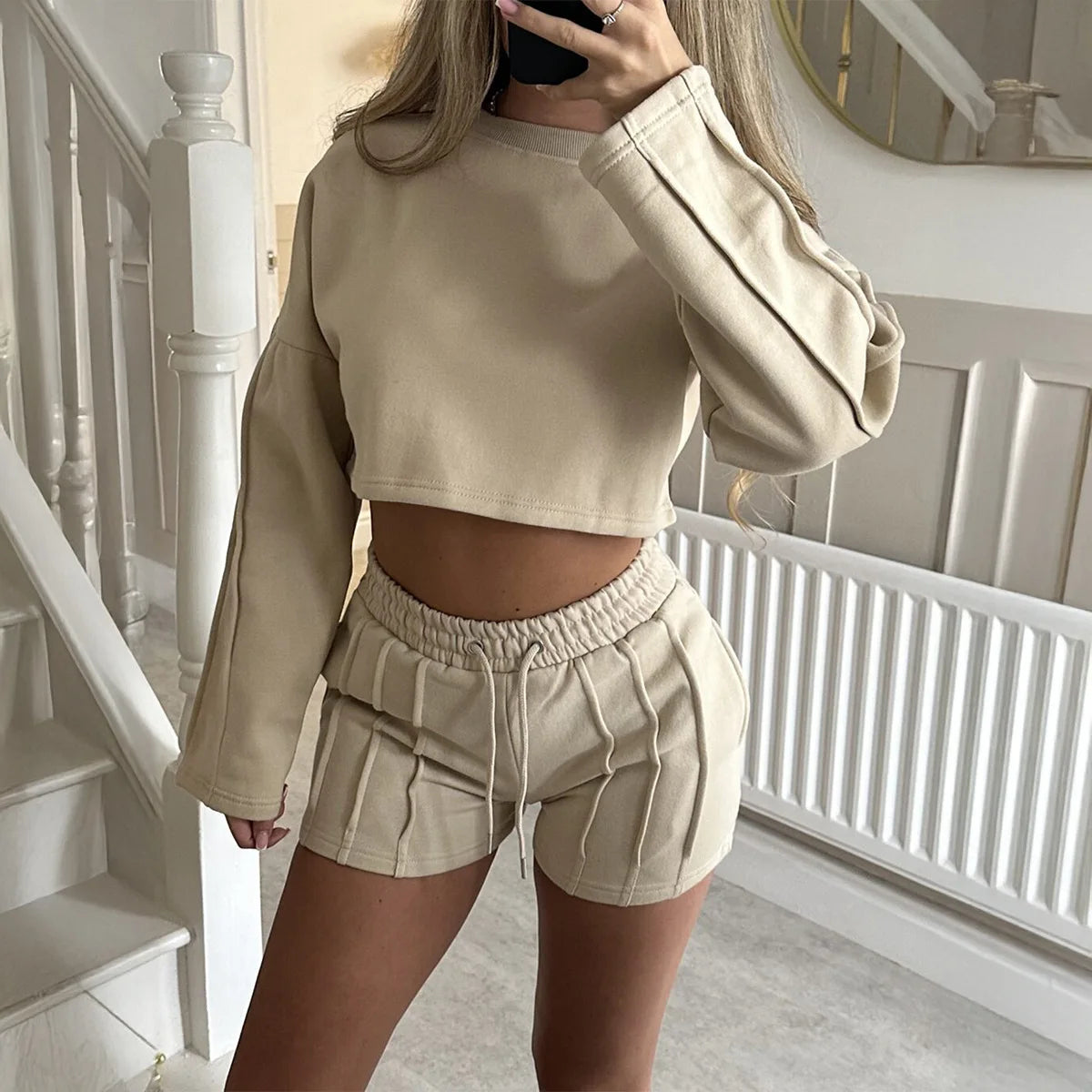 Women 2 Piece Outfits Pink Crop Top Long Sleeve Sweatshirt High Waist Shorts Loungewear Set