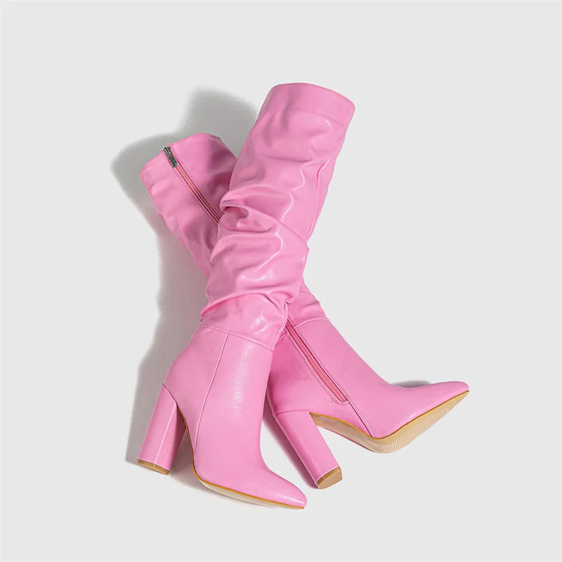 Liyke Winter Street Fashion Pleated Leather Pink Knee High Boots Women Sexy Long Zip Pointed Toe Square Heels Stripper Shoes