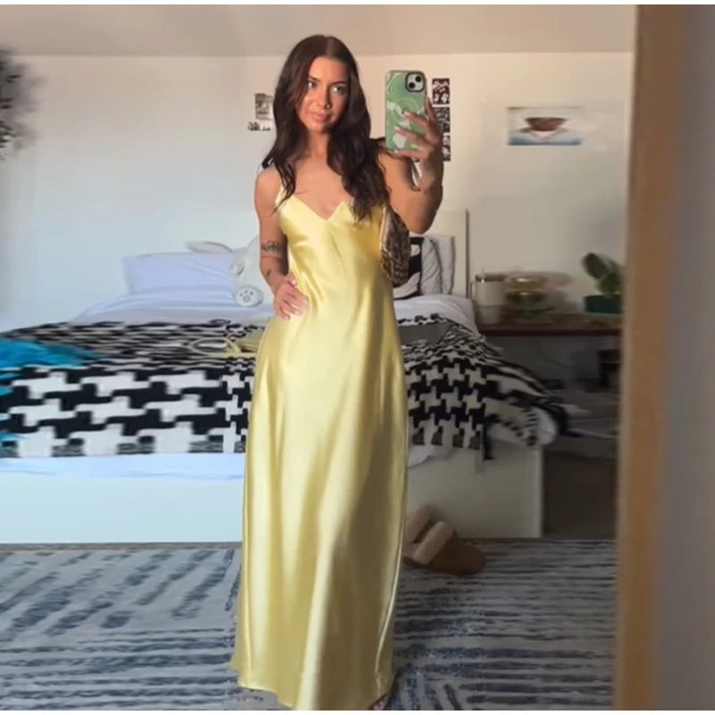 Brown Satin Lace Splicing Sling Dress Women Elegant Irregular Hem V Neck Backless Sleeveless Gown Chic Women Party Club Vestidos