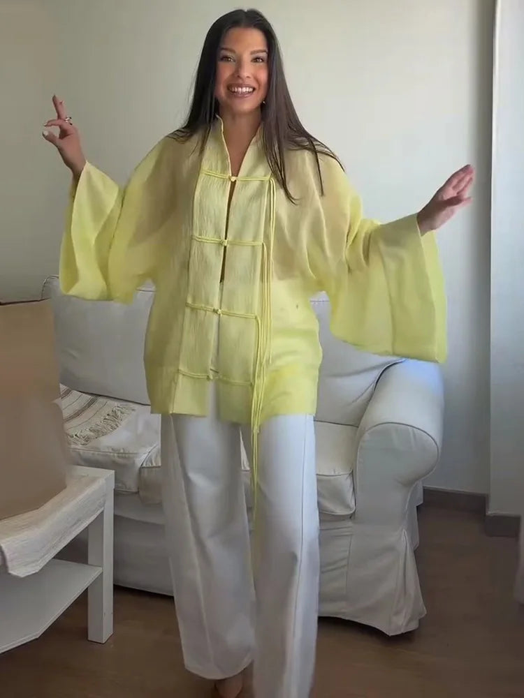Loose Women's Frog Buttons Mandarin Shirts See Through Stand Collar Full Sleeve Blouses 2026 Summer Lady Cotton Linen Outwear