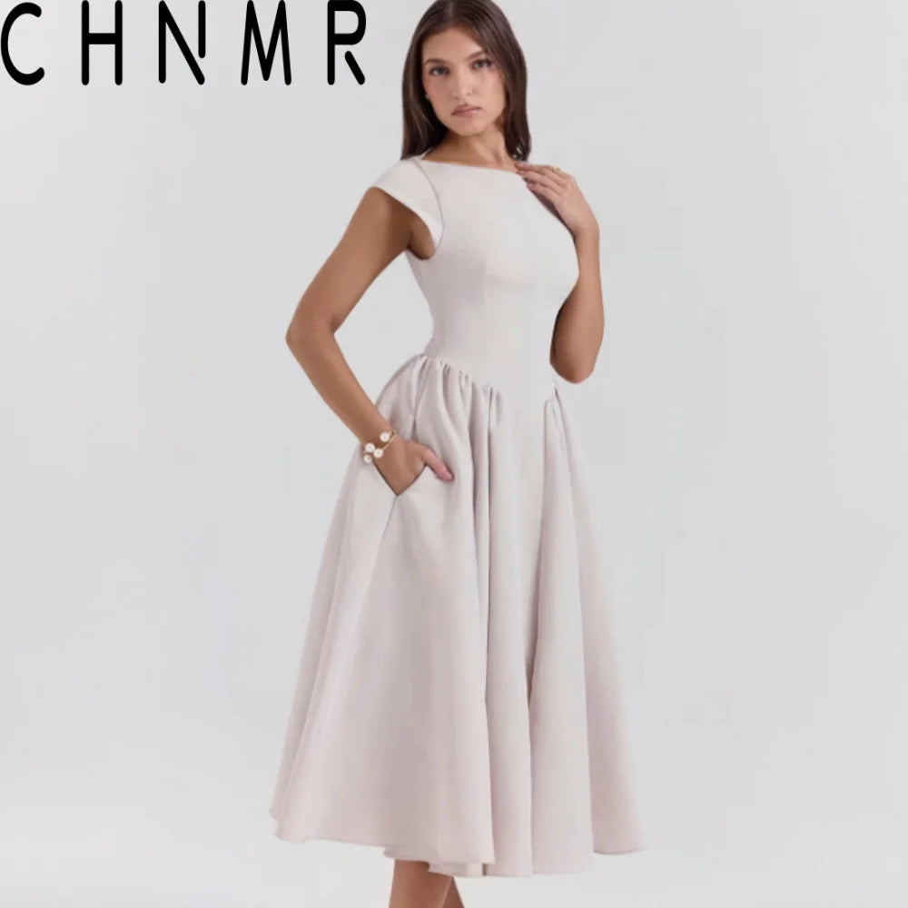 CHNMR French Elegant Solid O-neck Sleeveless Women A-line Long Dress Sexy Ruffle High Street Lady Dresses Casual Female Vestidos