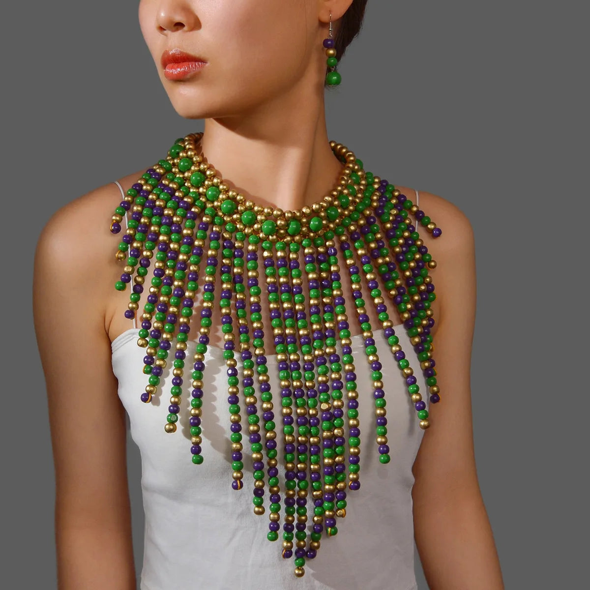 African Jewelry Set Bohemian Retro Ethnic Handmade Wooden Woven Beaded Statement Necklace and Earrings Women's Party Accessories