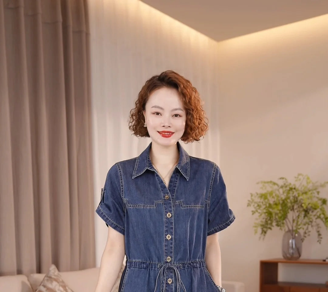 Denim Dress For women Summer 2026 New Female Single Breasted Short sleeved Slim Temperament Casual Dresses With pockets