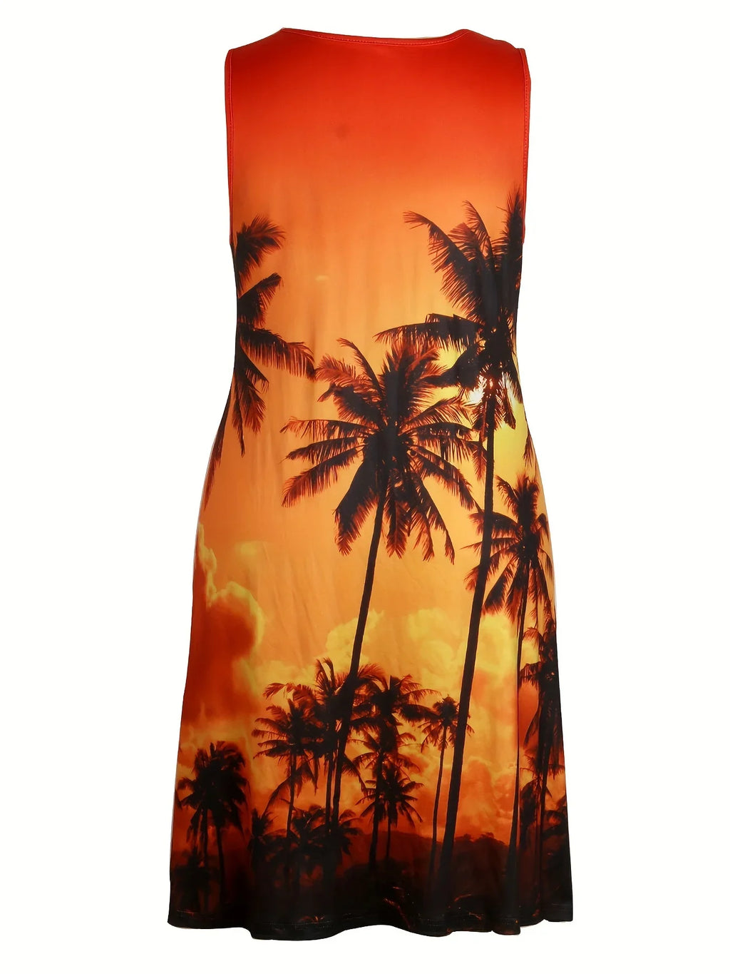 European Plus Size Ladies Sunset Coconut Tree Printed Dress Stretchy Sleeveless V Neck Loose Casual Summer Beach Mid Dress