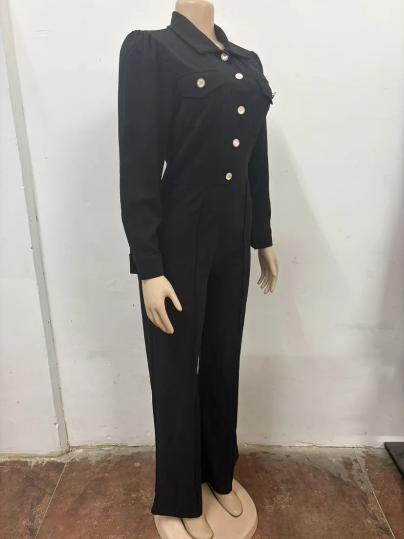 Women's Elegant Lapel Collar Button Front Puff Sleeve Wide Leg Jumpsuit High Waist Bodycon Long Romper