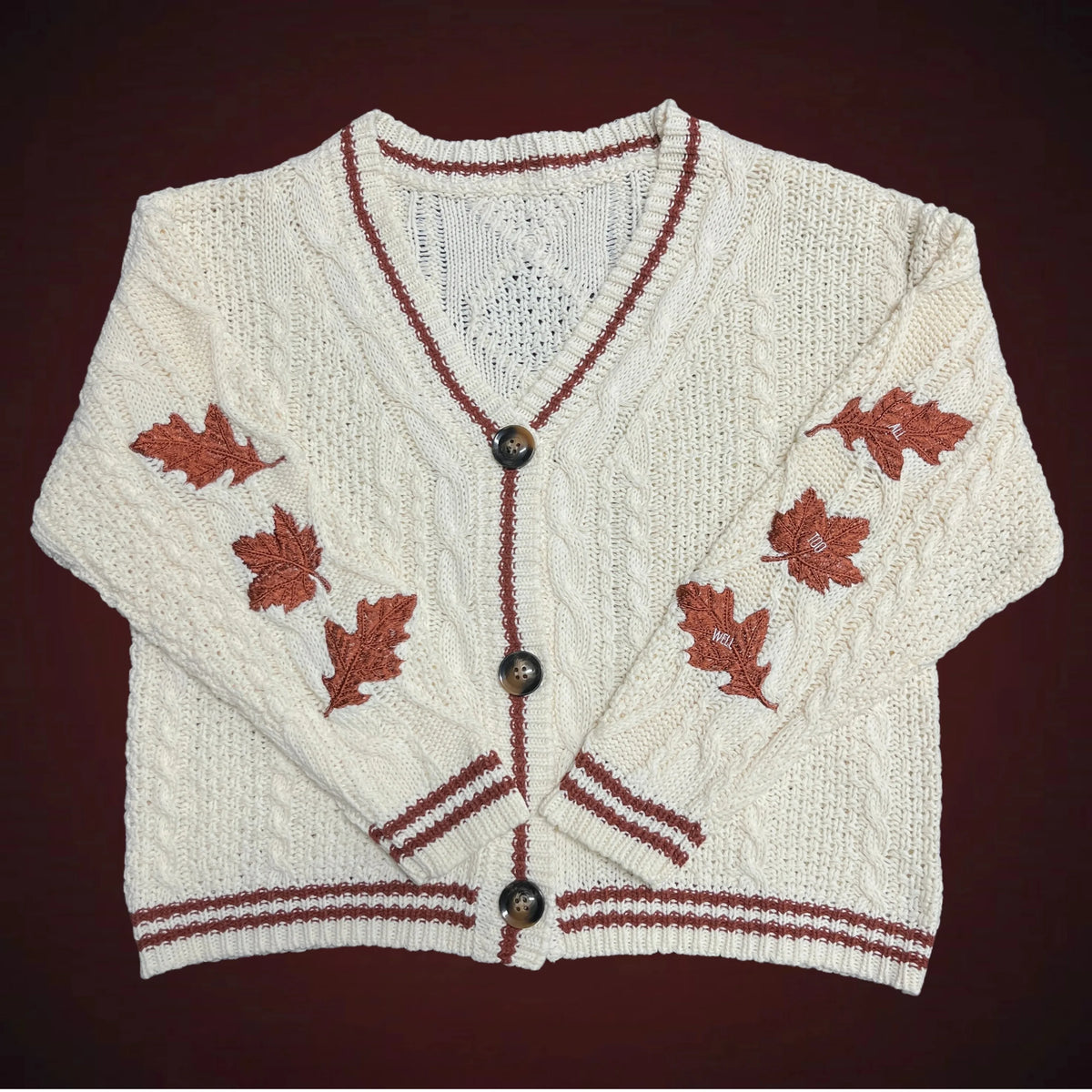 Autumn Leaves Knitted Cardigan Women Red Maple Leaf Embroidered Oversized Cardigan Folklore Girl Fall Winter Low V-neck Sweater