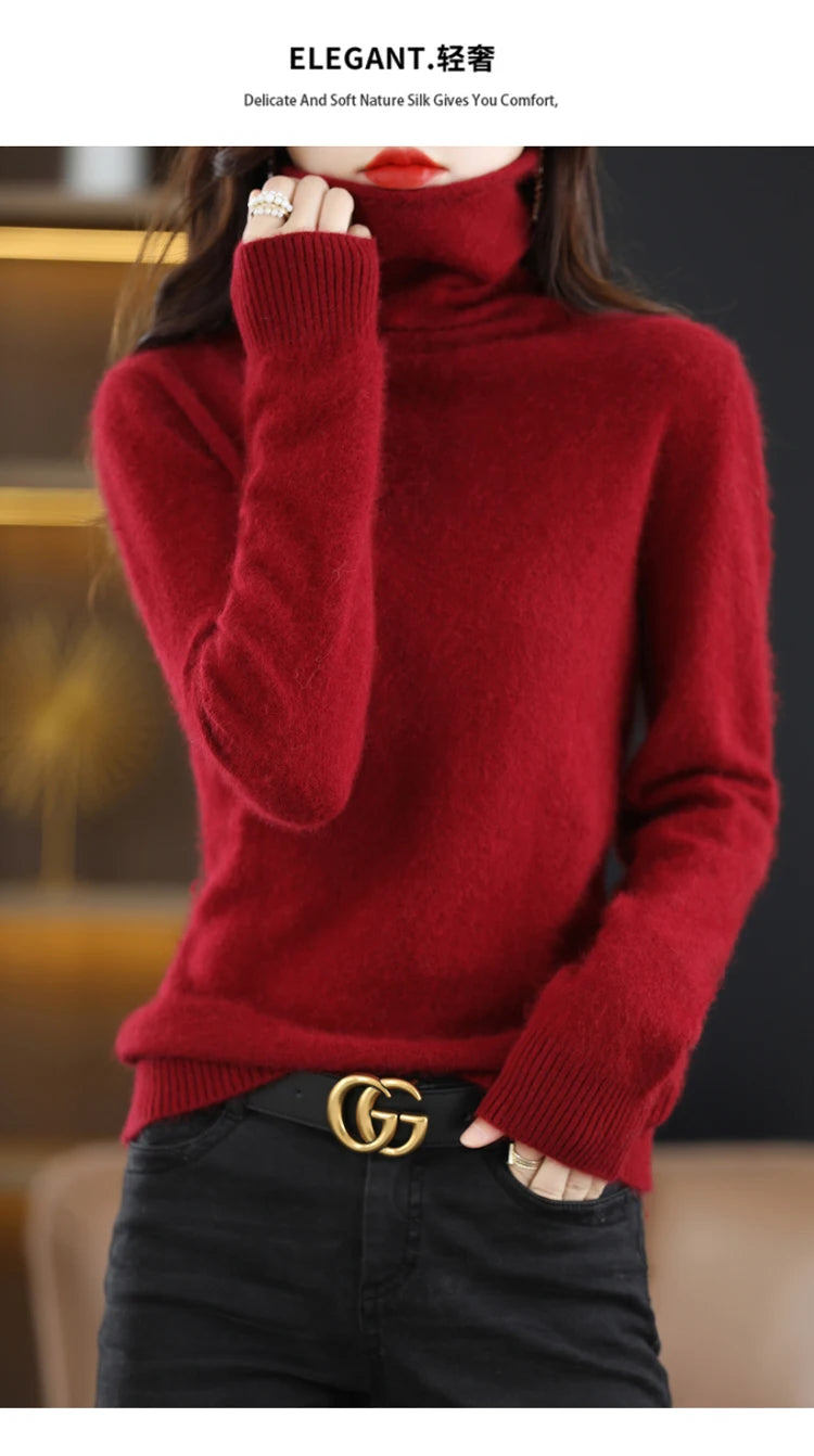 Women's Pile Collar 100% Mink Cashmere Sweater Winter High Collar Knitted Pullover Casual Short Thick Tops Loose Warm Base Shirt