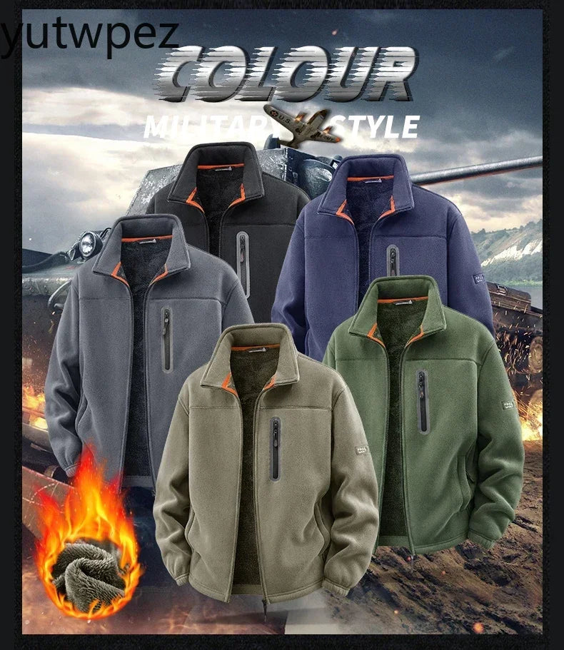 Outdoor High Collar Windproof Ski Sweatshirt Coat Man Snow Winter Warm Fleece Jacket Men Climbing Double Thickened Pocket Jacket