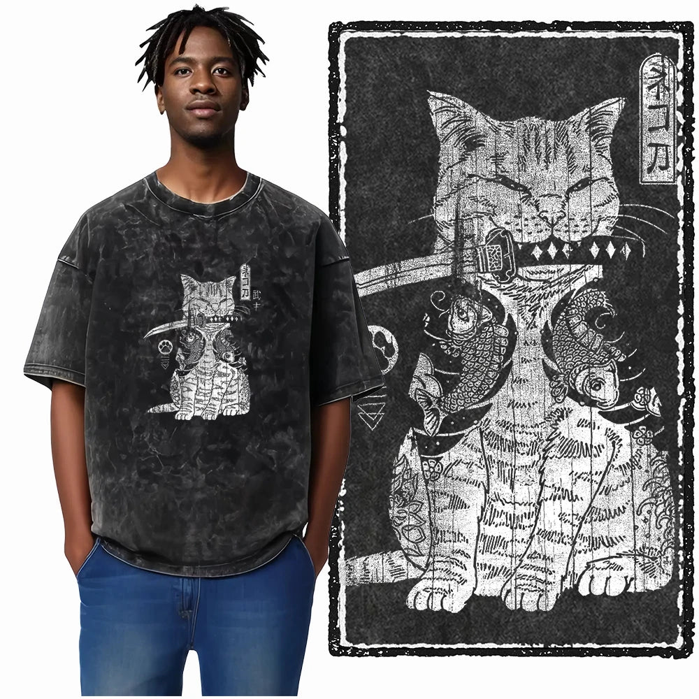 COOLMIND DB Cat Printed Cotton Acid Washed Exclusive Graphic Unisex T Shirt Cool Streetwear Men Tshirts Big Size Tee for Men
