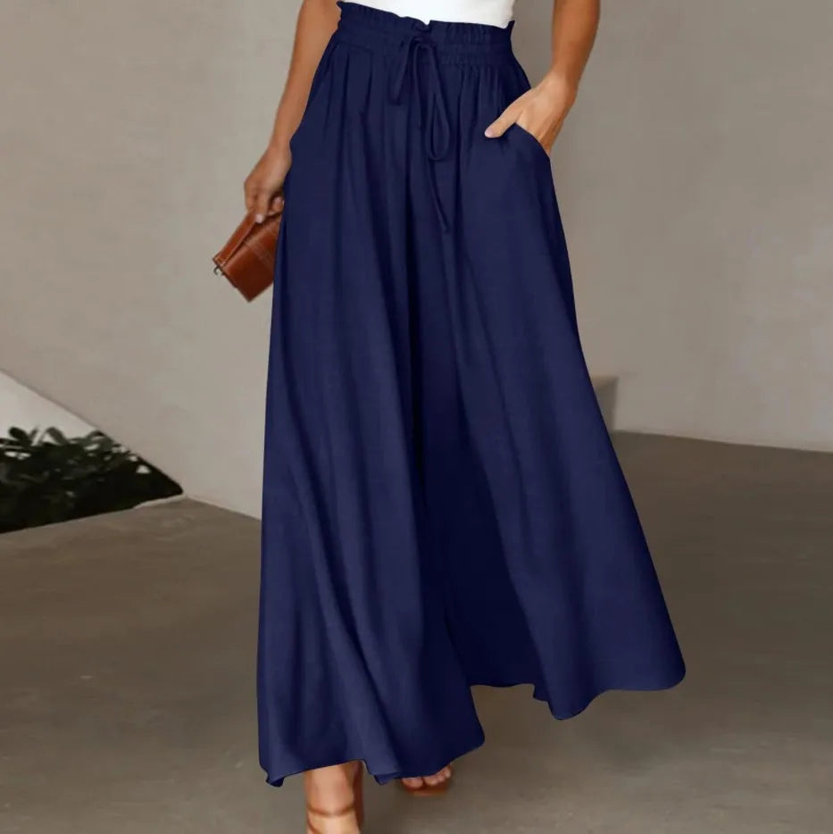 Summer Women Elastic High Waist Drawstring Solid Wide Leg Pants Loose Casual Flowy Pocket Trousers Female Daily Beach Long Pants