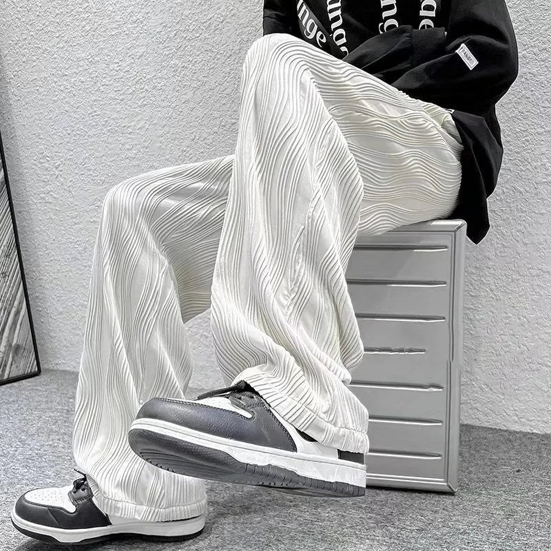 Summer Korean Fashion Simple Ice Silk Wide Leg Pants Men Solid Elastic Waist Pockets Thin High Street Loose Straight Trousers