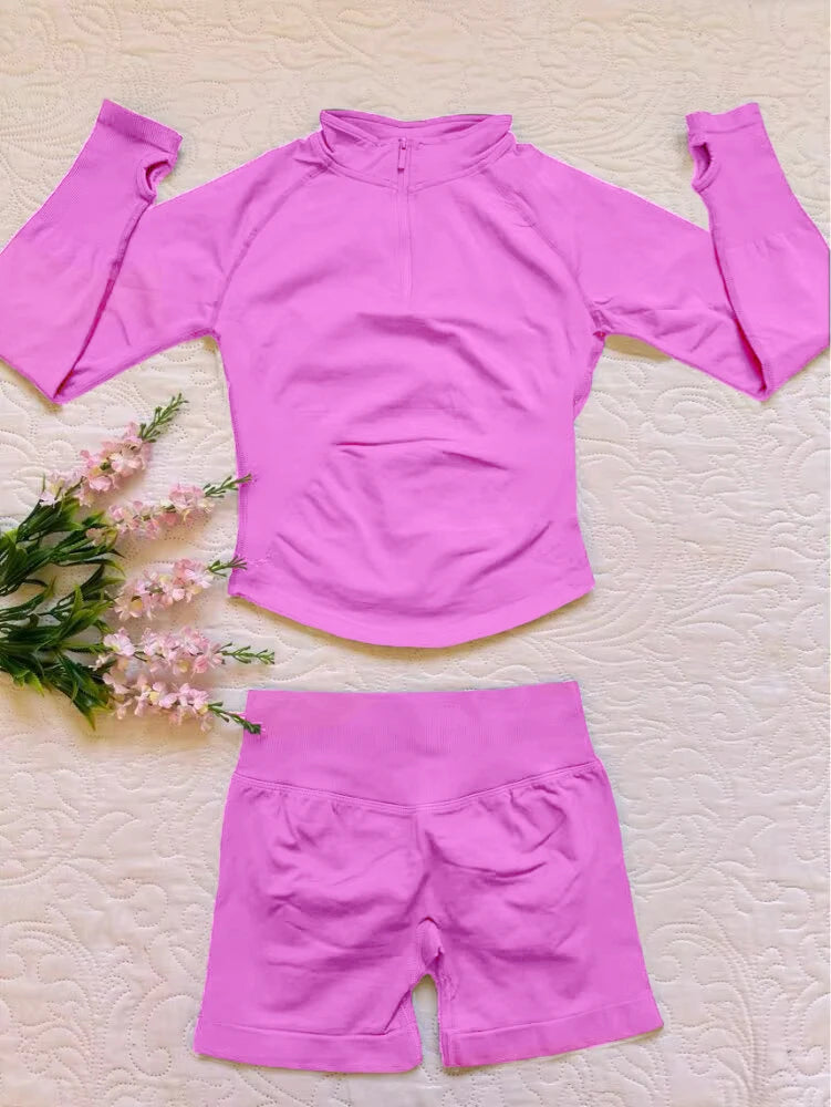 2026 2pcs Long Sleeve Yoga Set Women Half Zippy Jacket Longline Sports Top Gym Shorts Fitness Suits Running Coats Workout Set