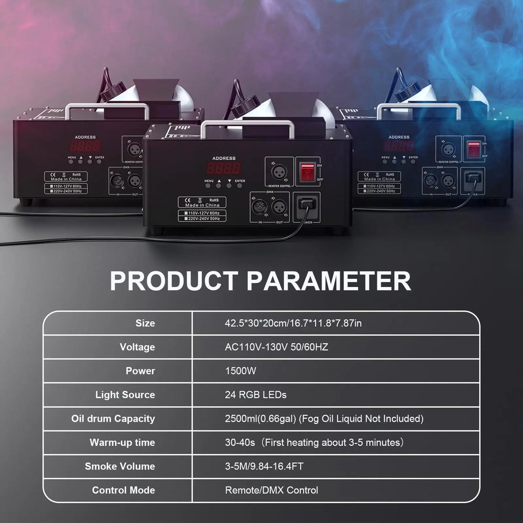 1500W LED Fog Machine 24LED Remote Control Vertical Smoke Machine with RGB Disco Dj Stage Light for Wedding Night Club Party